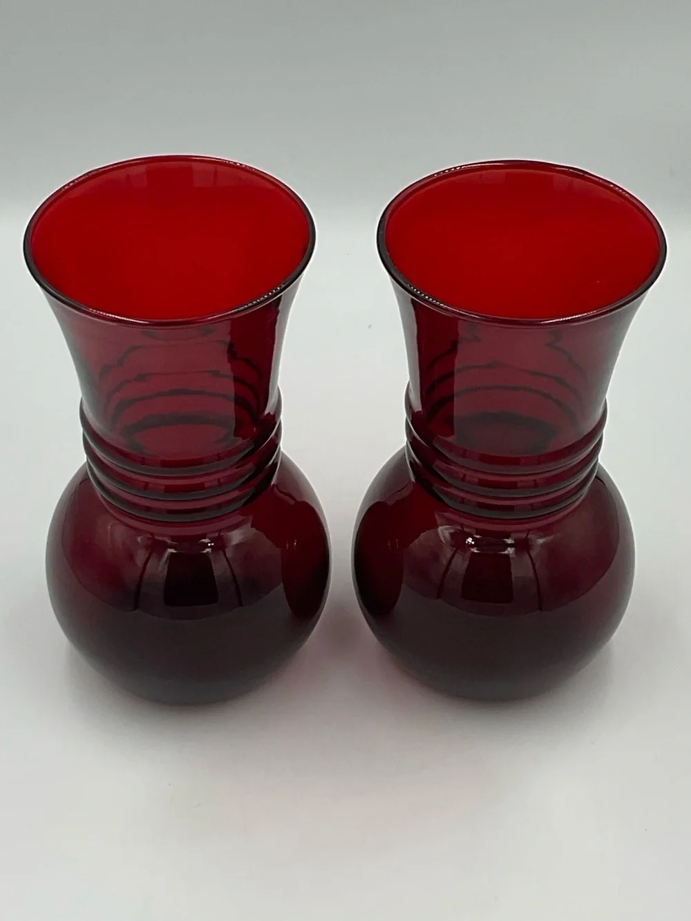 Vintage Anchor Hocking Royal Ruby Red Optic Swirl Ball Vases Set of 2